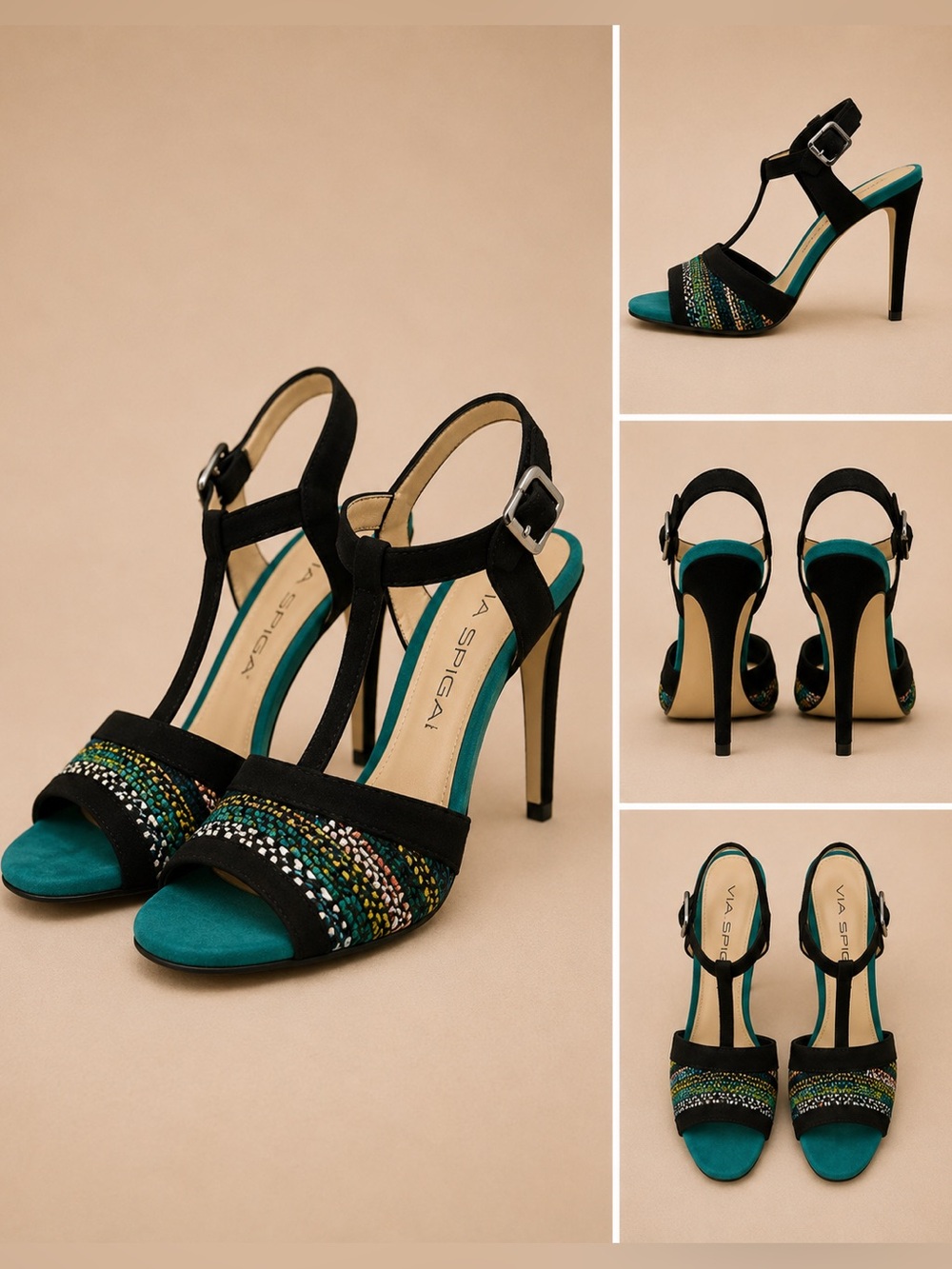 NEW Via Spiga Black Teal Suede Leather Colorful Fabric Sandal Stiletto Heels 9M